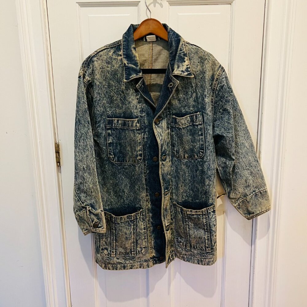 Vintage 80s 90s Denim Jean Jacket Womens Oversize Medium Chore Acid wash - Picture 10 of 16